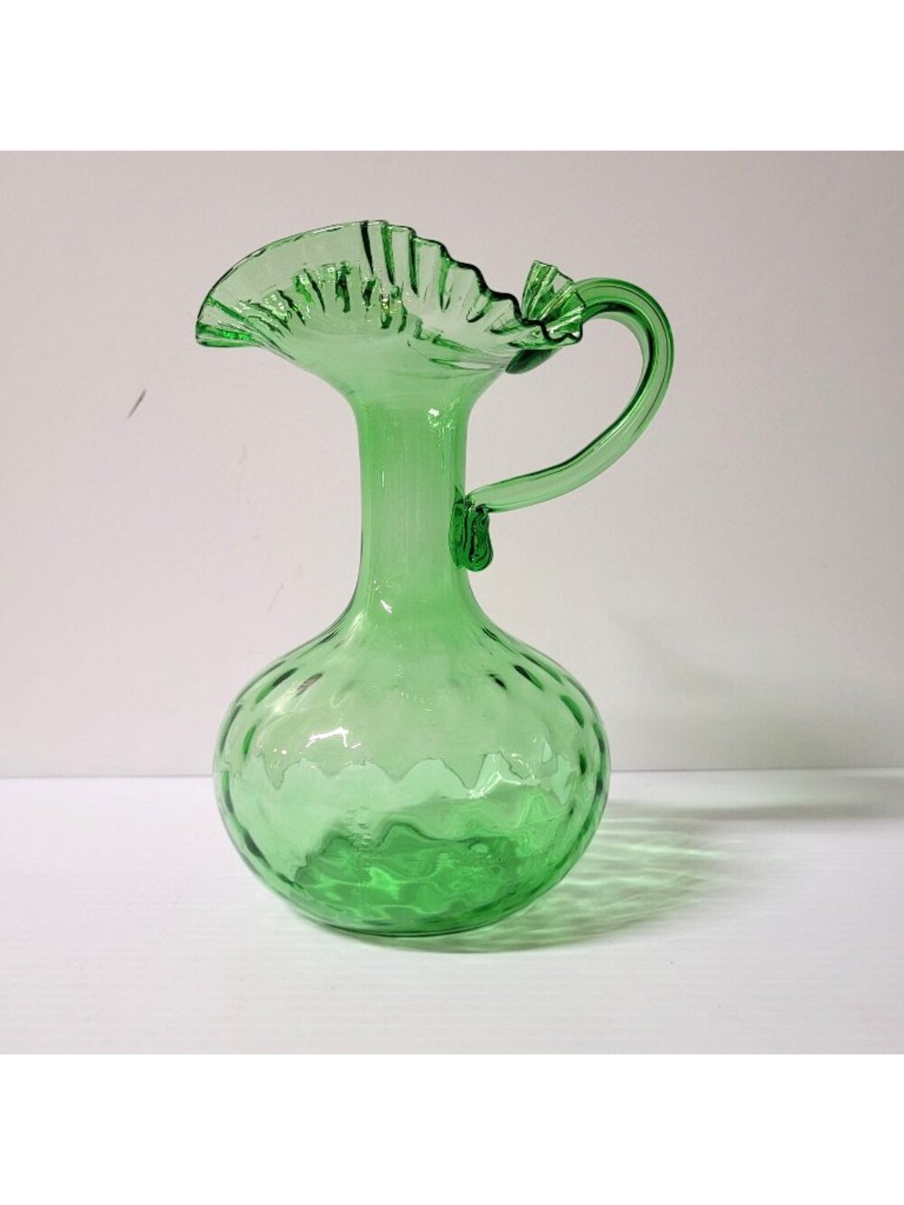 Hand Blown Green Glass Diamond Optic Pitcher Applied Handle Ruffled Top MCM 8''